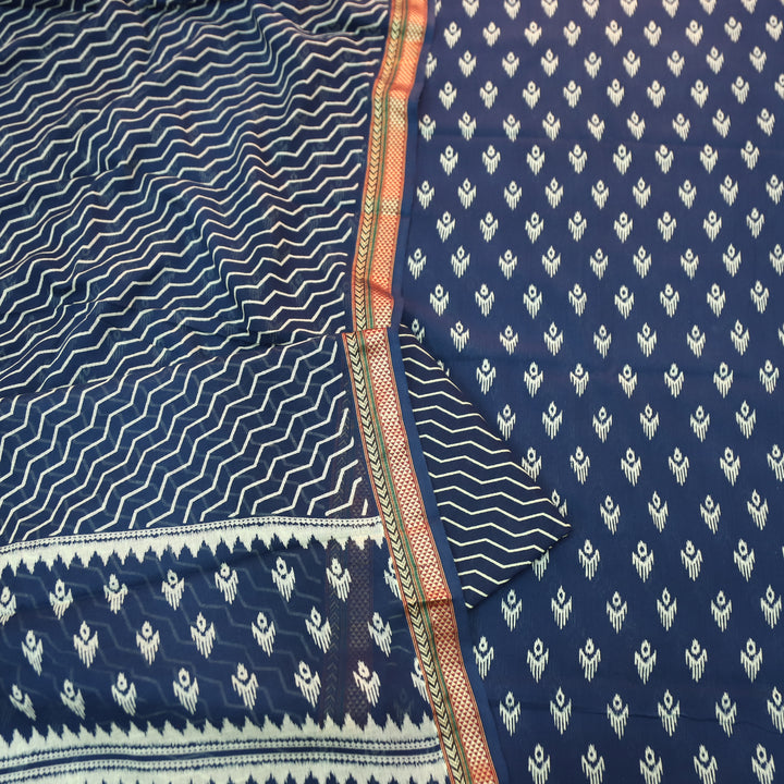 Syami Navy Blue Ikkat Printed Mangalgiri Hem Cotton Set-D4