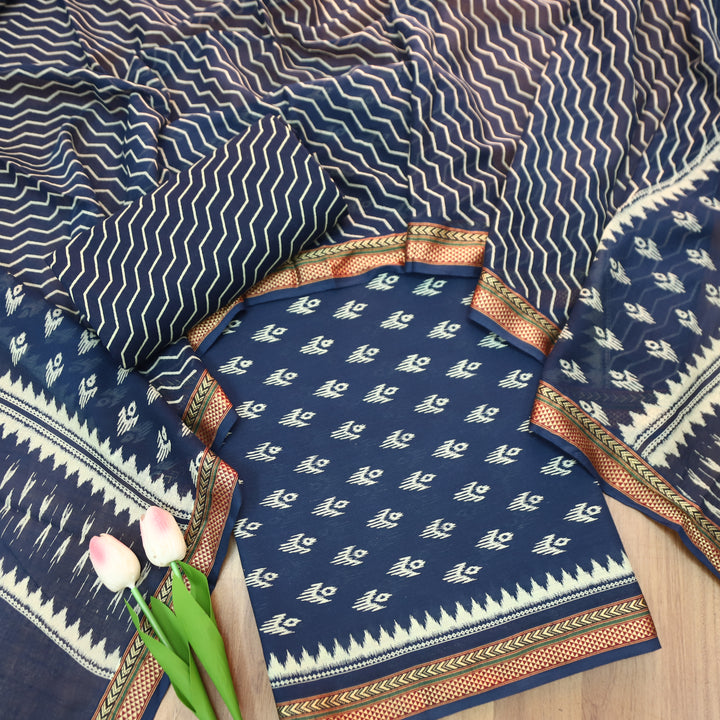 Syami Navy Blue Ikkat Printed Mangalgiri Hem Cotton Set-D4