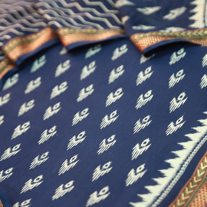 Syami Navy Blue Ikkat Printed Mangalgiri Hem Cotton Set-D4