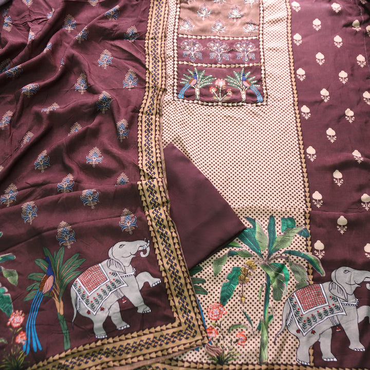 Dhaang Chocolate Brown Embellish Work Floral and Gajj Print Yoke Muslin Suit Set