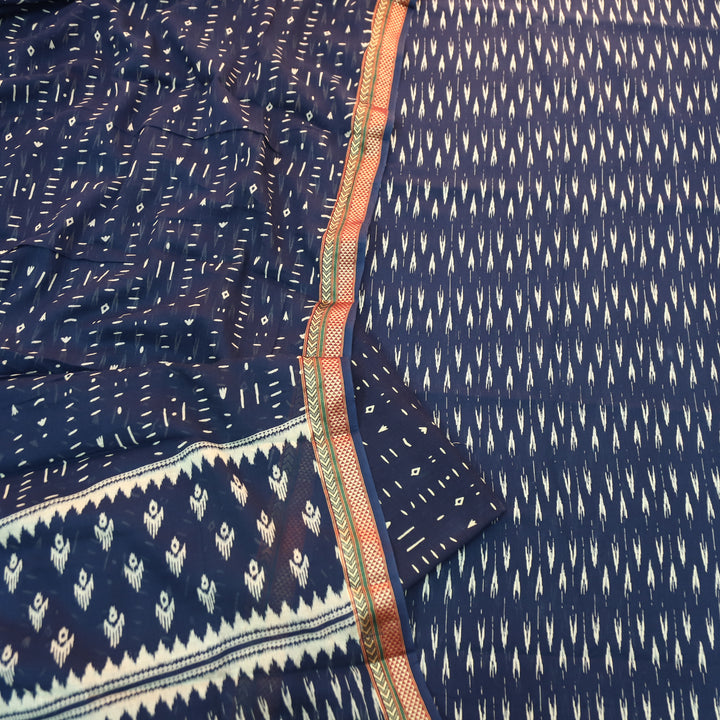 Syami Navy Blue Ikkat Printed Mangalgiri Hem Cotton Set-D3