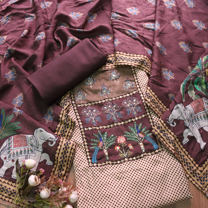 Dhaang Chocolate Brown Embellish Work Floral and Gajj Print Yoke Muslin Suit Set