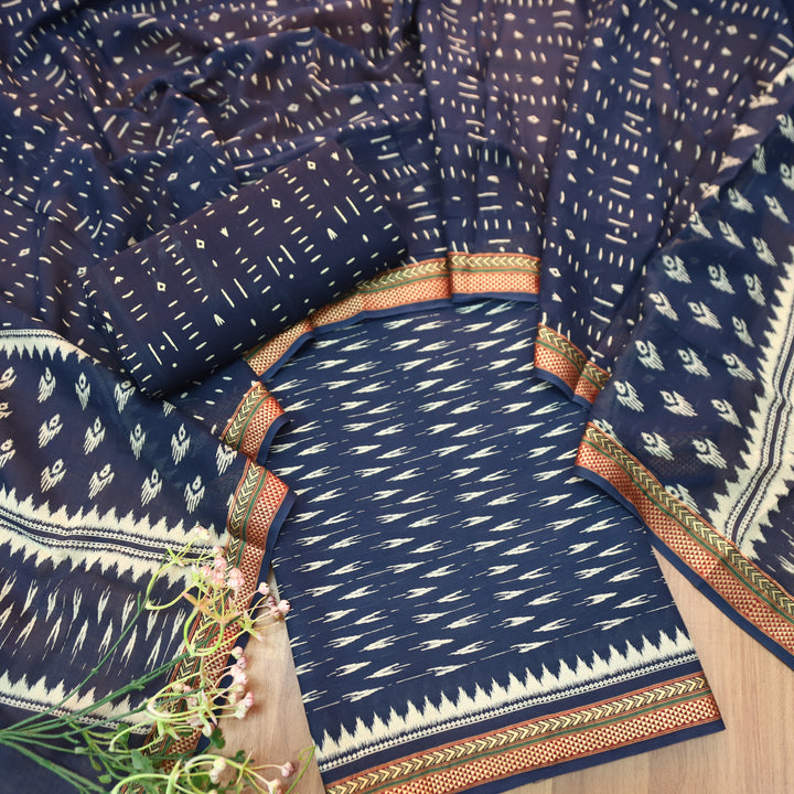 Syami Navy Blue Ikkat Printed Mangalgiri Hem Cotton Set-D3