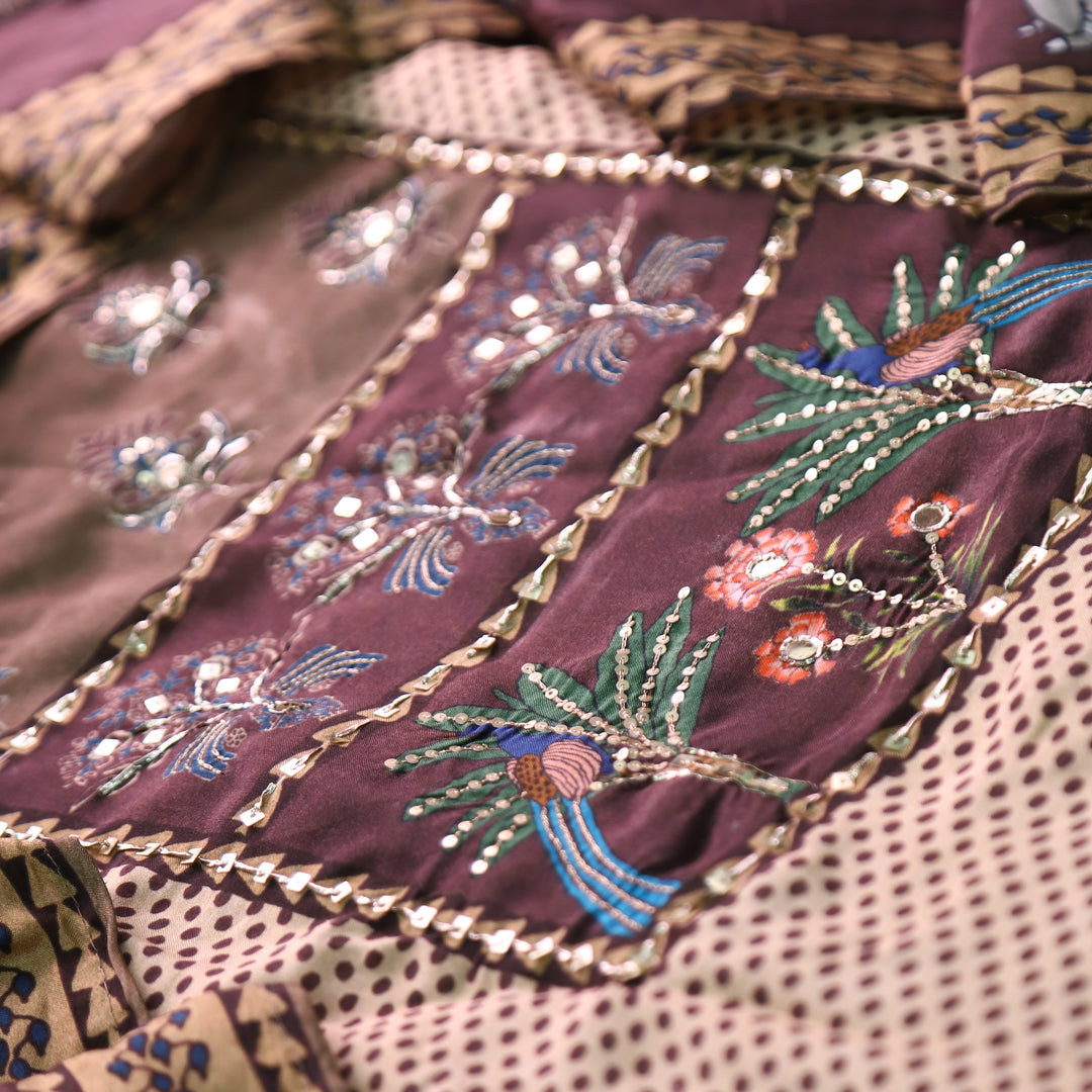 Dhaang Chocolate Brown Embellish Work Floral and Gajj Print Yoke Muslin Suit Set