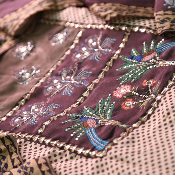 Dhaang Chocolate Brown Embellish Work Floral and Gajj Print Yoke Muslin Suit Set