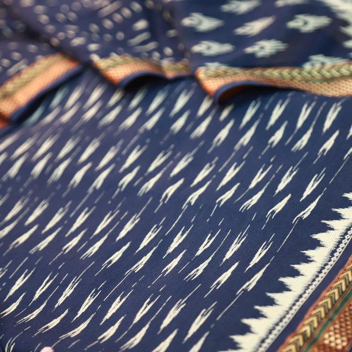 Syami Navy Blue Ikkat Printed Mangalgiri Hem Cotton Set-D3