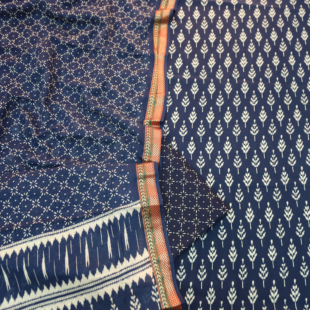 Syami Navy Blue Ikkat Printed Mangalgiri Hem Cotton Set-D2