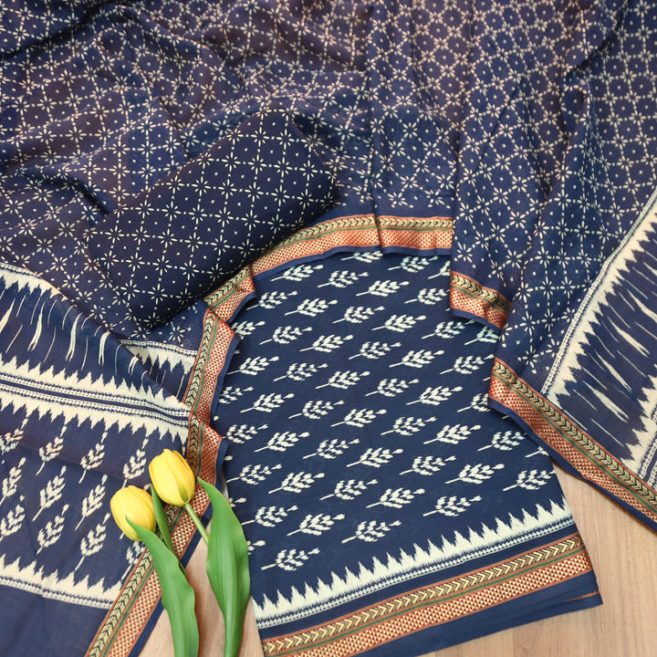Syami Navy Blue Ikkat Printed Mangalgiri Hem Cotton Set-D2