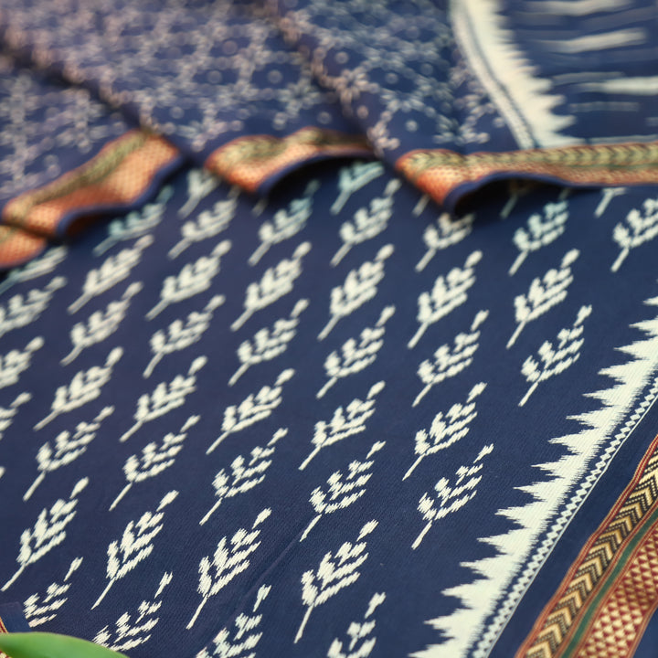 Syami Navy Blue Ikkat Printed Mangalgiri Hem Cotton Set-D2