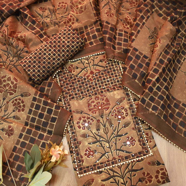 Kaashvi Brick Brown Sequine Print Yoke in Floral Printed Cotton Set