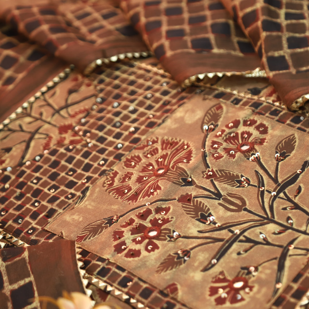 Kaashvi Brick Brown Sequine Print Yoke in Floral Printed Cotton Set