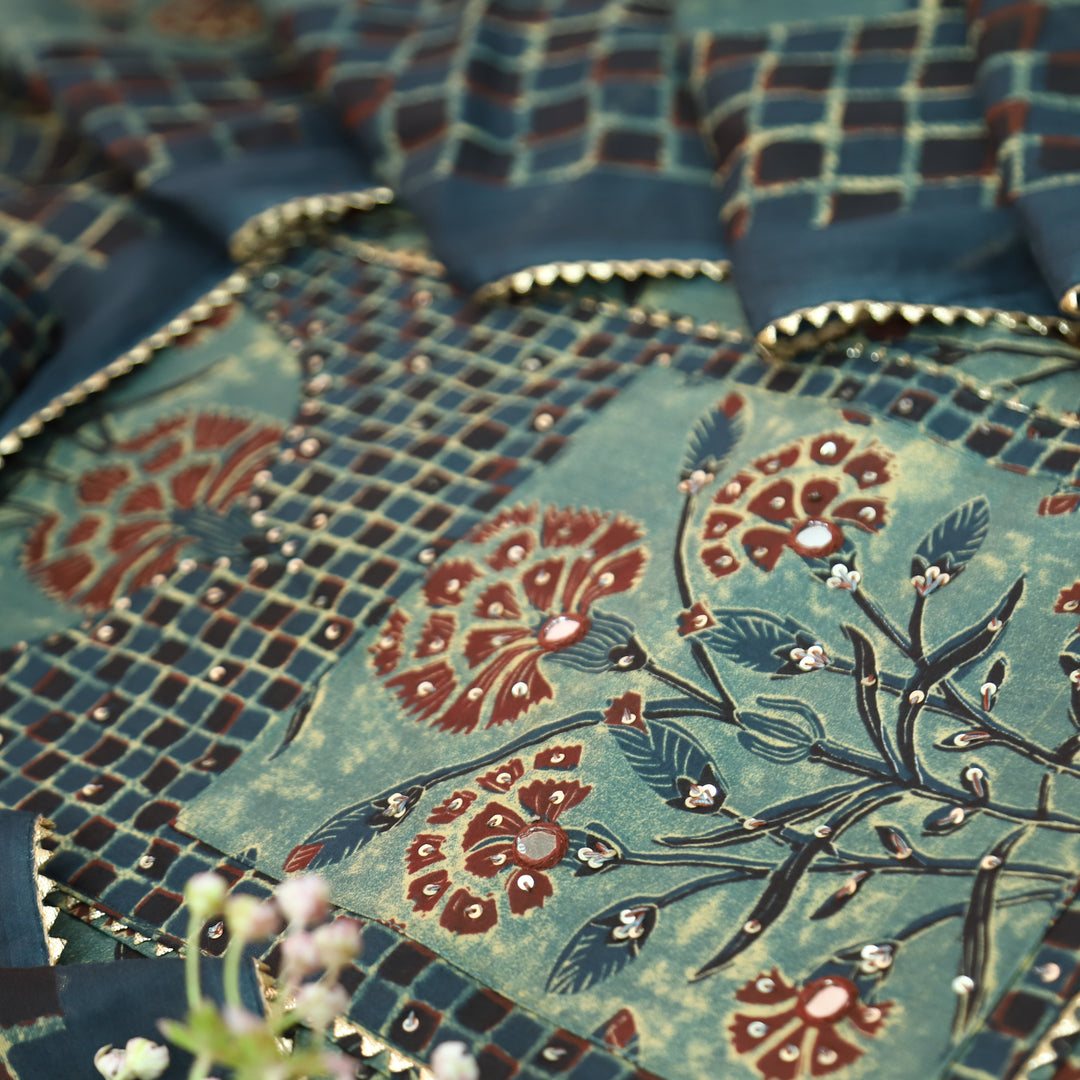 Kaashvi Azure Teal Sequine Print Yoke in Floral Printed Cotton Set