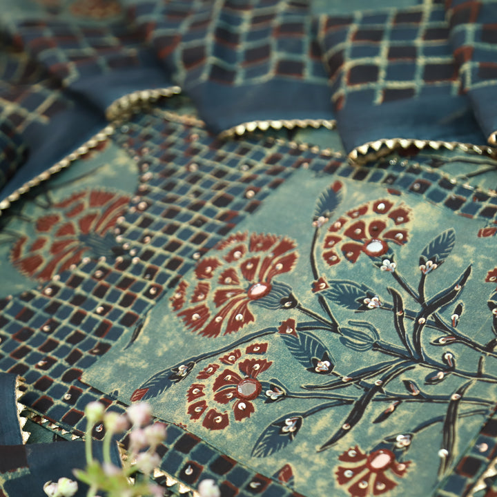 Kaashvi Azure Teal Sequine Print Yoke in Floral Printed Cotton Set