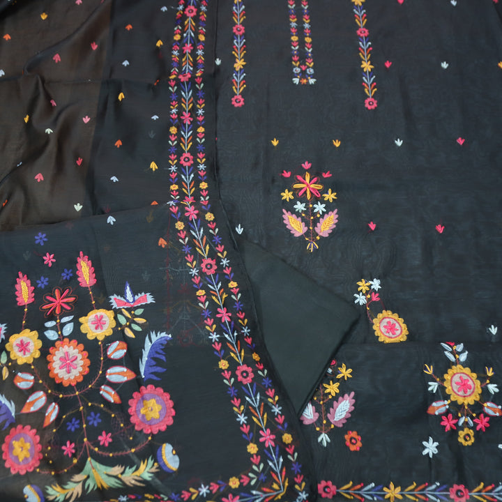 Avisha Charcoal Black Kolkata Hand Kantha Embroidered Work Chanderi Set