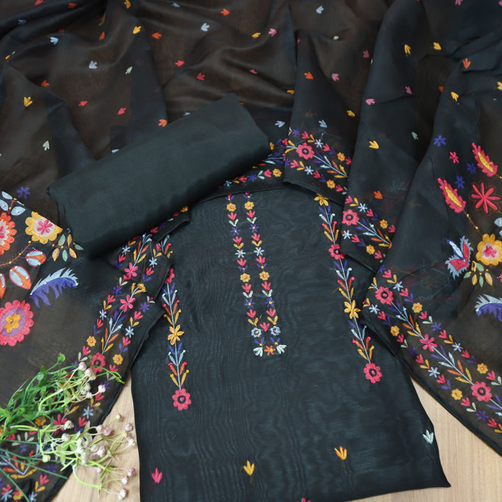 Avisha Charcoal Black Kolkata Hand Kantha Embroidered Work Chanderi Set