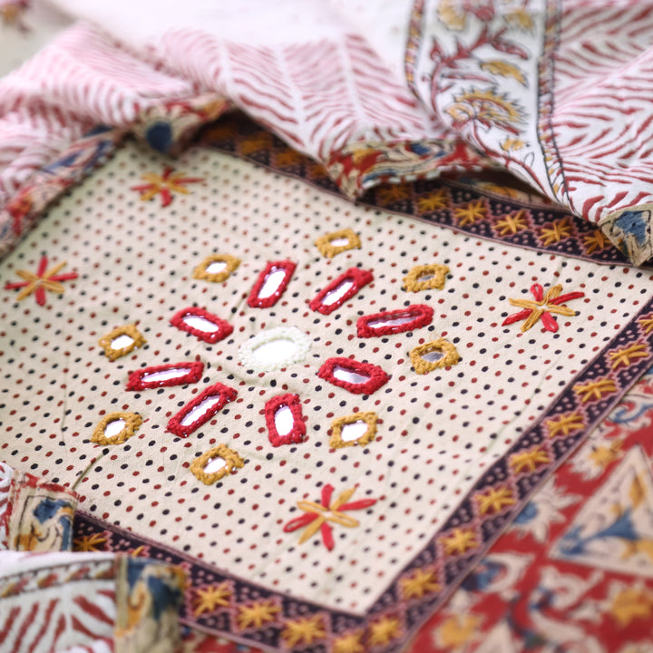 Raavi Beige Mirror Work Yoke in Red Kalamkari Printed Cotton Set
