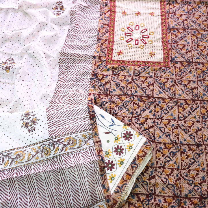 Raavi Beige Mirror Work Yoke in Maroon Kalamkari Printed Cotton Set