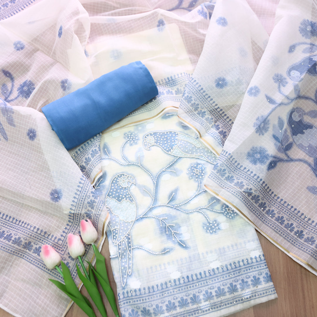 Shiddat White Moti Work Floral Printed Kota Doriya Set