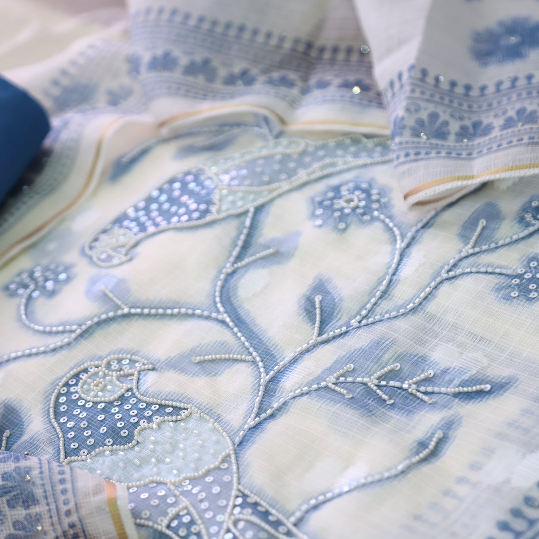Shiddat White Moti Work Floral Printed Kota Doriya Set