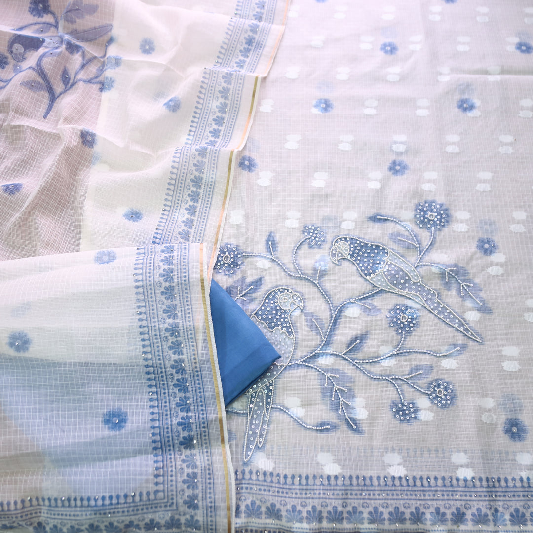Shiddat White Moti Work Floral Printed Kota Doriya Set