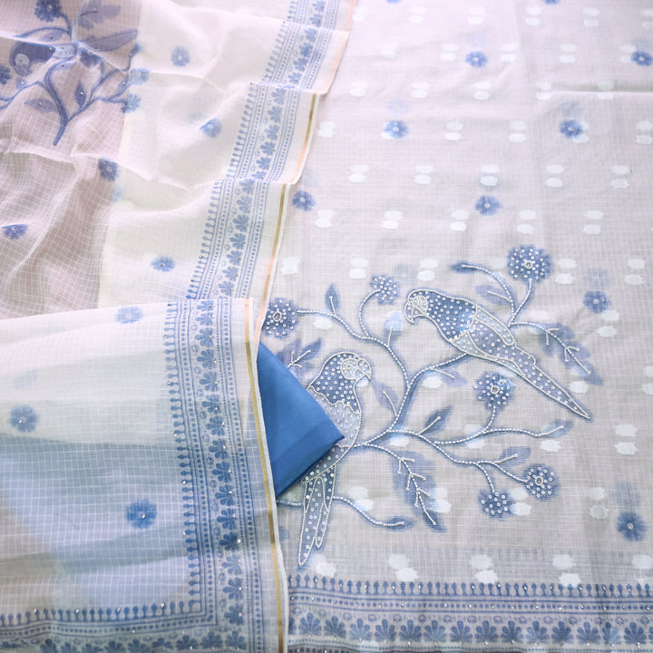 Shiddat White Moti Work Floral Printed Kota Doriya Set