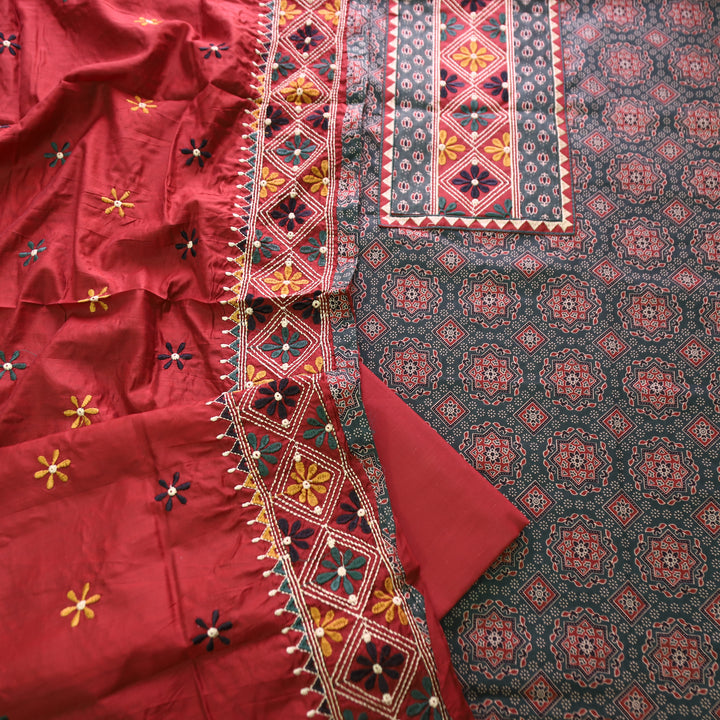 Inara Sacramento Green Embroidered Neck Yoke with Ajrak Print Cotton Set