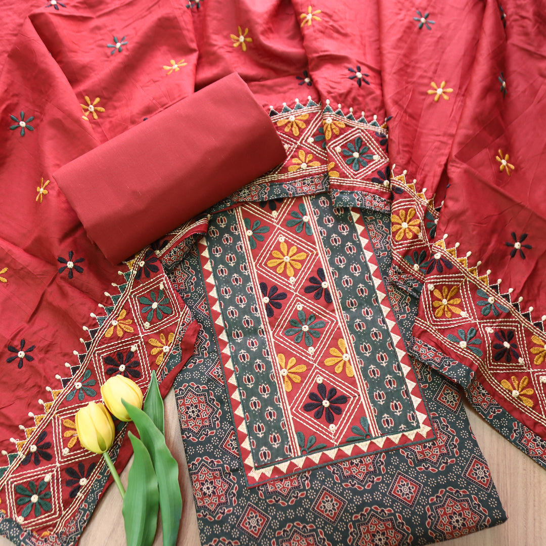 Inara Sacramento Green Embroidered Neck Yoke with Ajrak Print Cotton Set