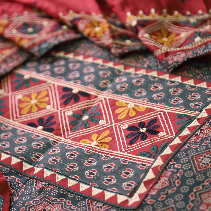 Inara Sacramento Green Embroidered Neck Yoke with Ajrak Print Cotton Set