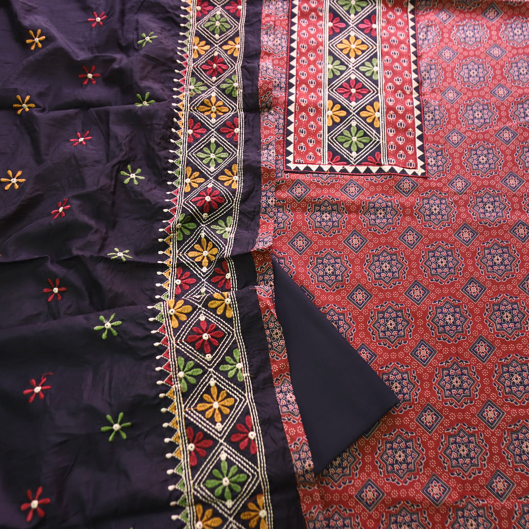 Inara Berry Red Embroidered Neck Yoke with Ajrak Print Cotton Set
