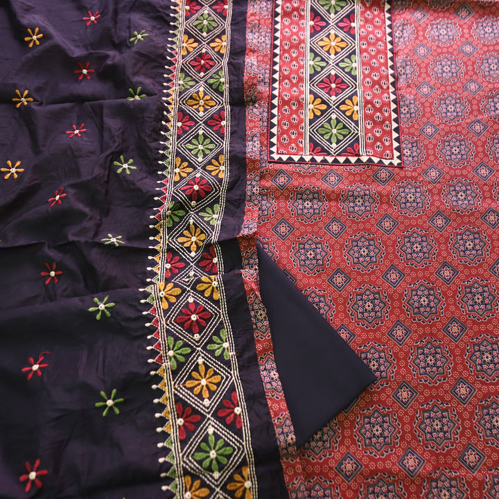 Inara Berry Red Embroidered Neck Yoke with Ajrak Print Cotton Set