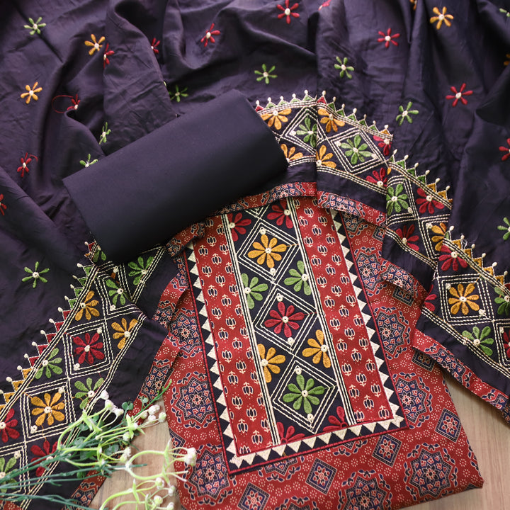 Inara Berry Red Embroidered Neck Yoke with Ajrak Print Cotton Set