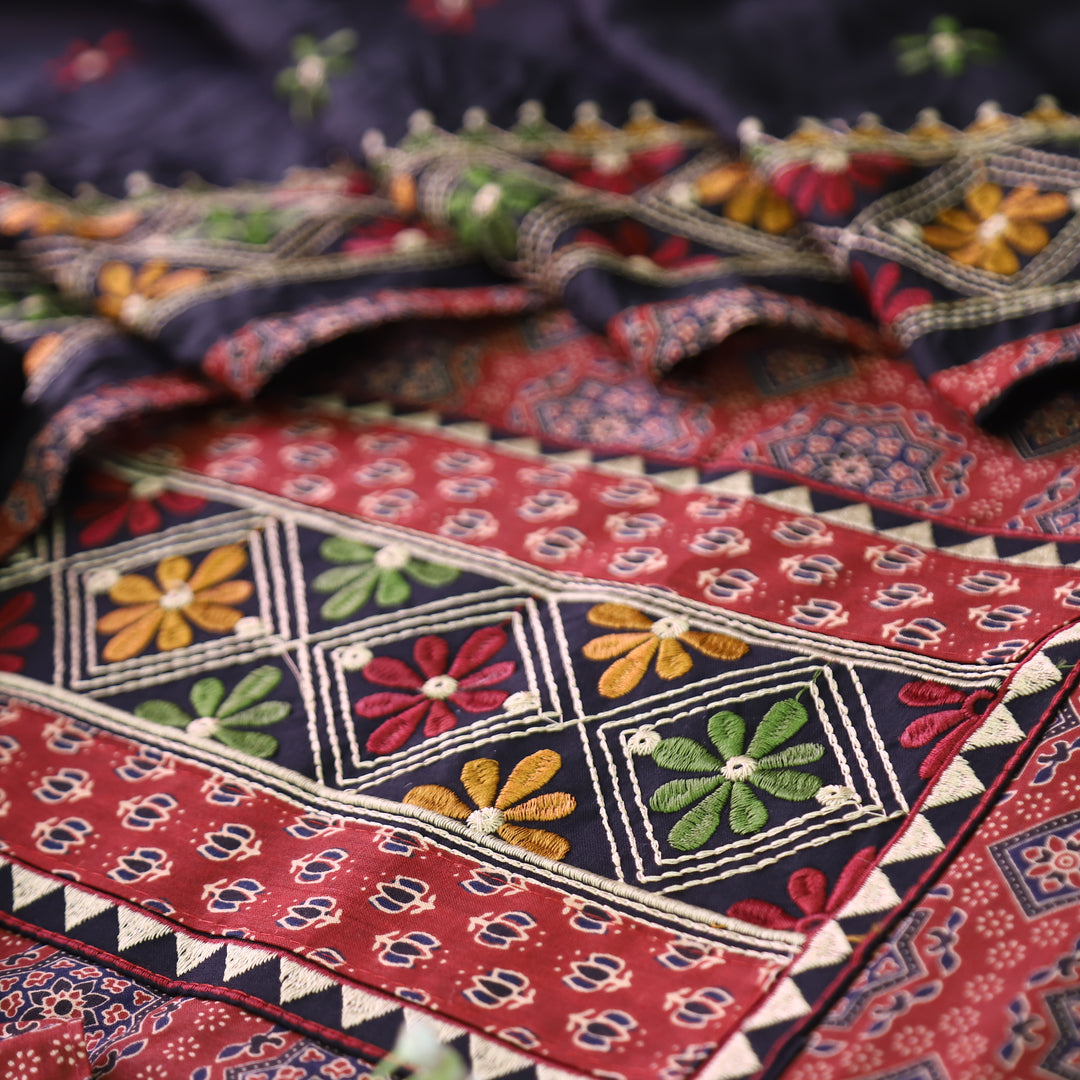 Inara Berry Red Embroidered Neck Yoke with Ajrak Print Cotton Set