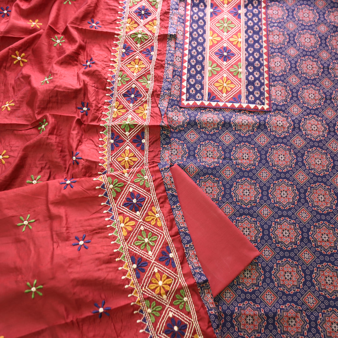 Inara Denim Blue Embroidered Neck Yoke with Ajrak Print Cotton Set
