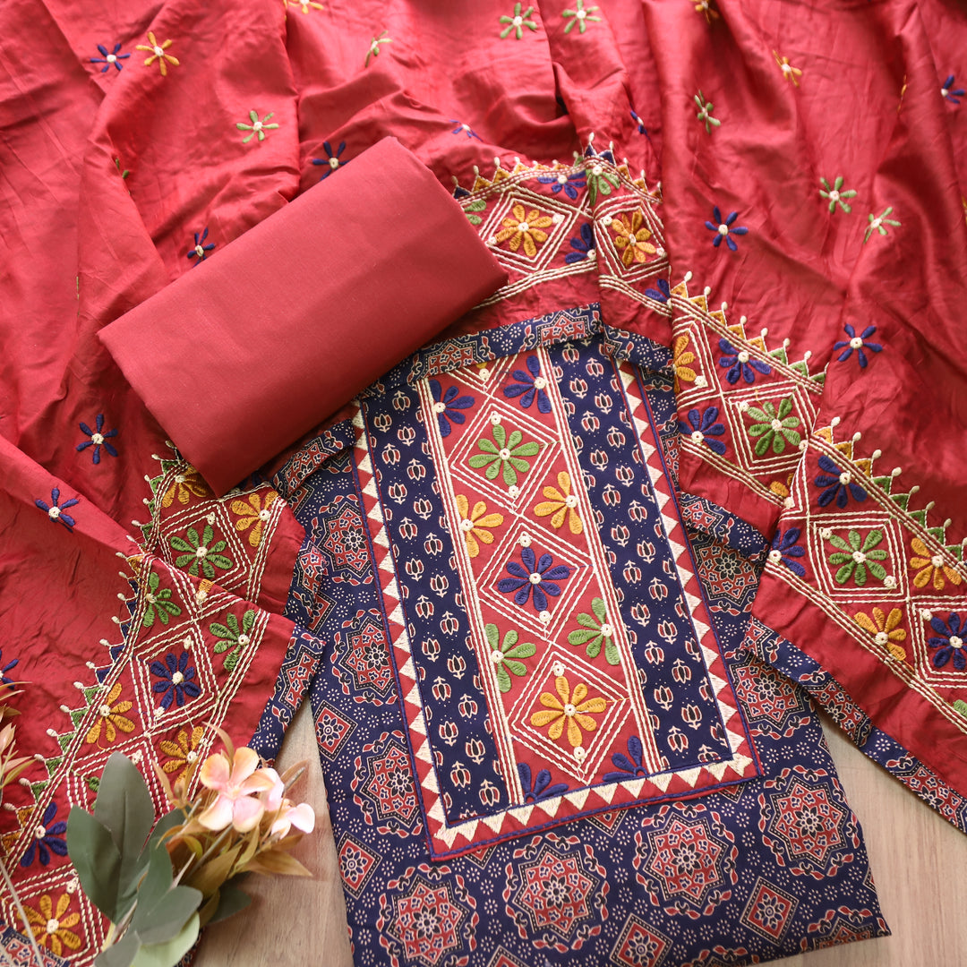 Inara Denim Blue Embroidered Neck Yoke with Ajrak Print Cotton Set