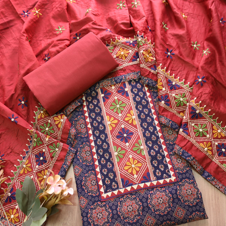Inara Denim Blue Embroidered Neck Yoke with Ajrak Print Cotton Set