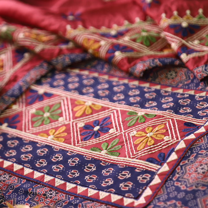 Inara Denim Blue Embroidered Neck Yoke with Ajrak Print Cotton Set
