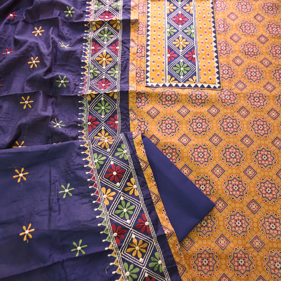 Inara Dandelion Yellow Embroidered Neck Yoke with Ajrak Print Cotton Set