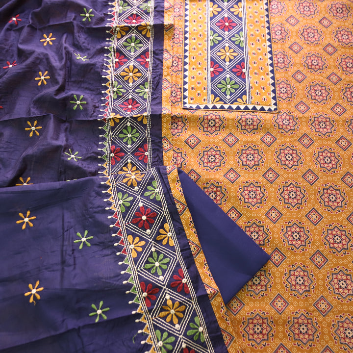 Inara Dandelion Yellow Embroidered Neck Yoke with Ajrak Print Cotton Set