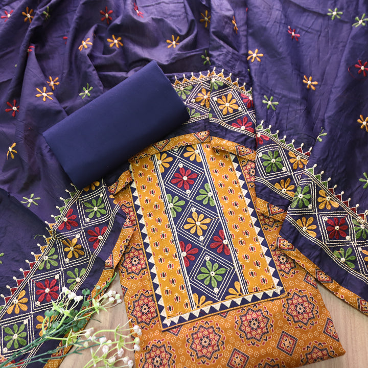 Inara Dandelion Yellow Embroidered Neck Yoke with Ajrak Print Cotton Set