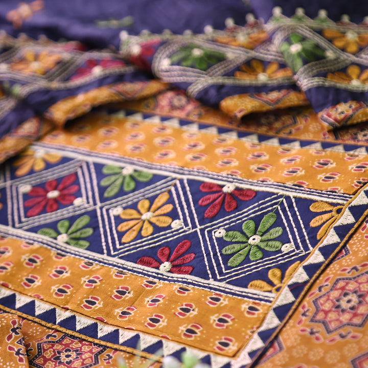 Inara Dandelion Yellow Embroidered Neck Yoke with Ajrak Print Cotton Set