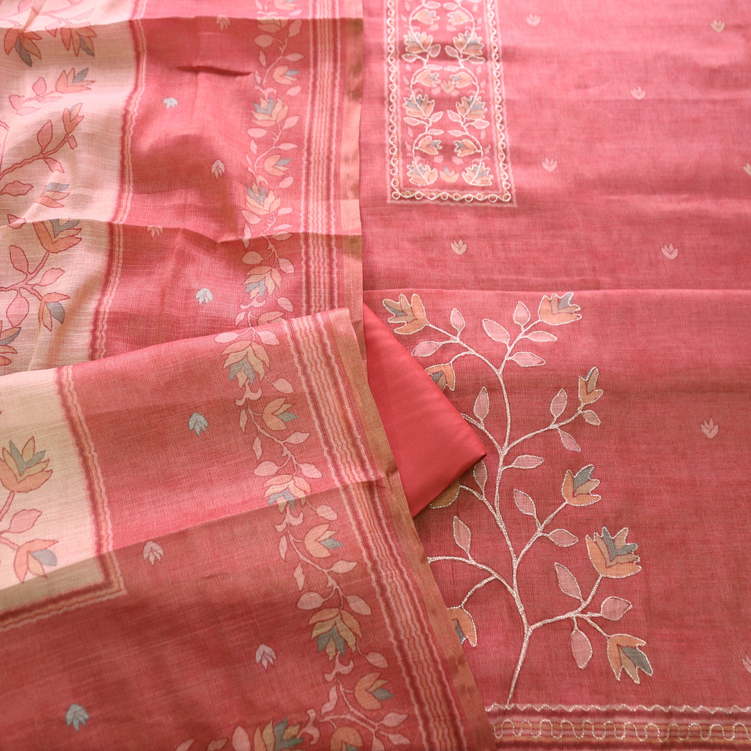 Radhi Coral Rust Chain Style Zari Floral Printed Shimmer Tissue Linen Set