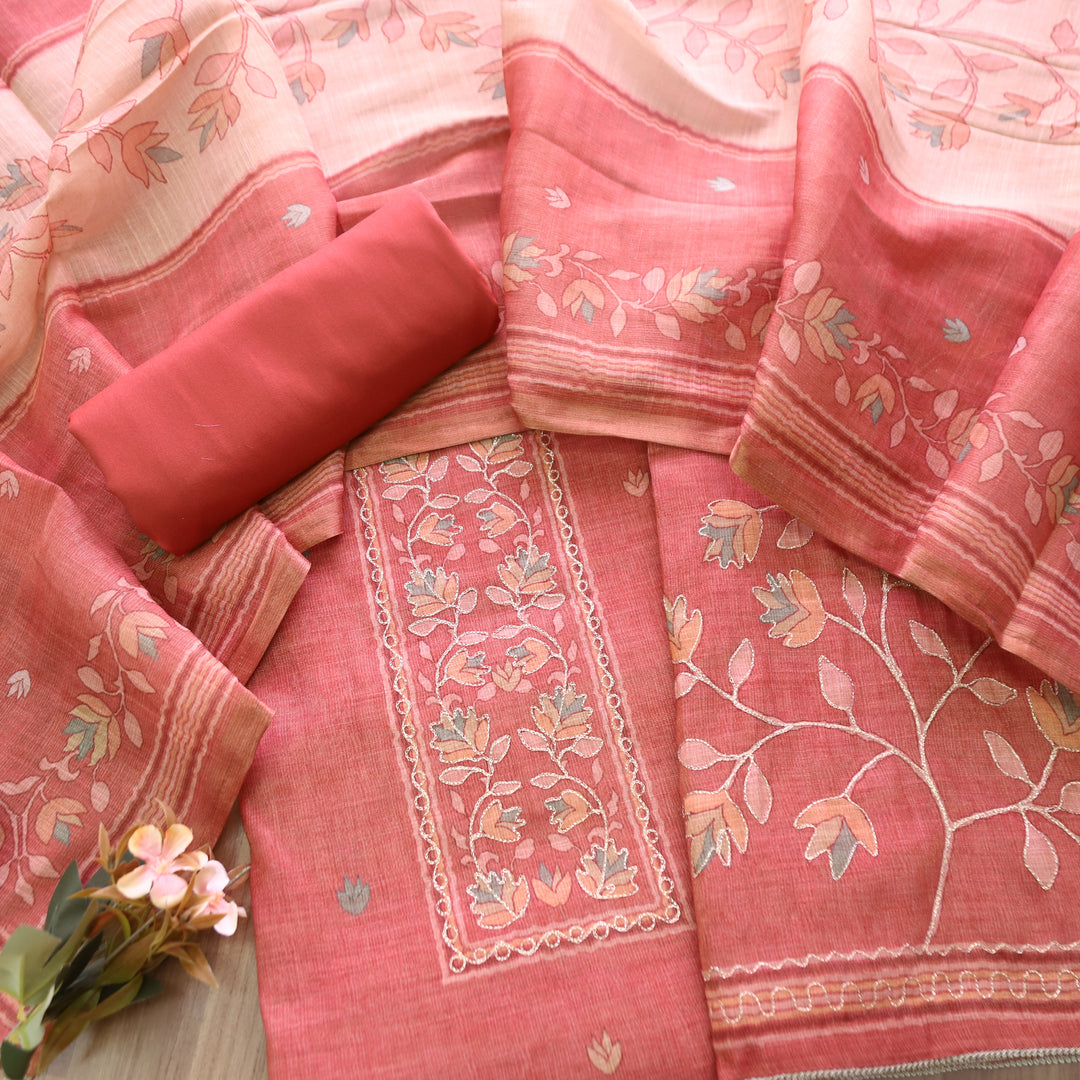 Radhi Coral Rust Chain Style Zari Floral Printed Shimmer Tissue Linen Set