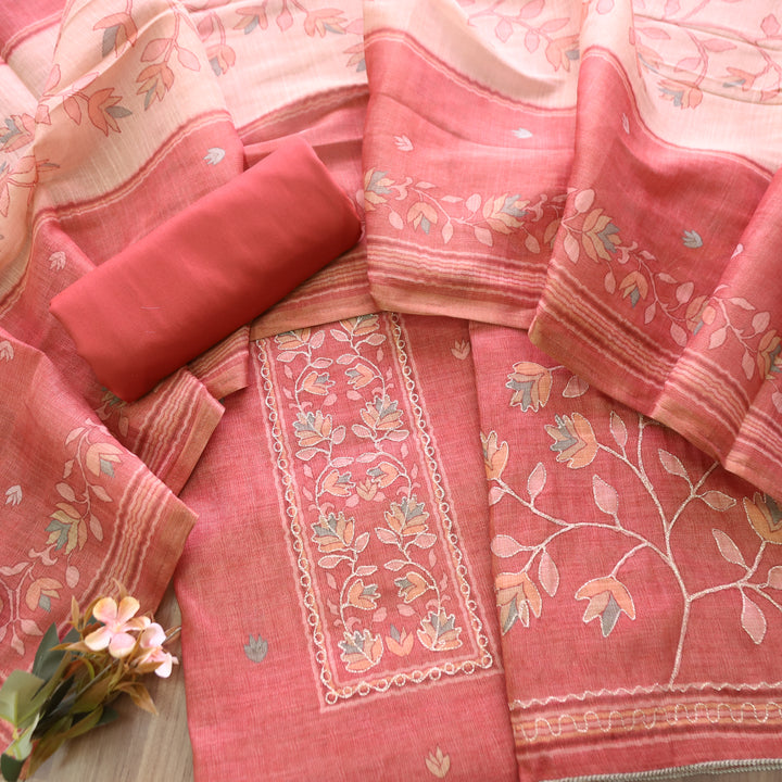 Radhi Coral Rust Chain Style Zari Floral Printed Shimmer Tissue Linen Set