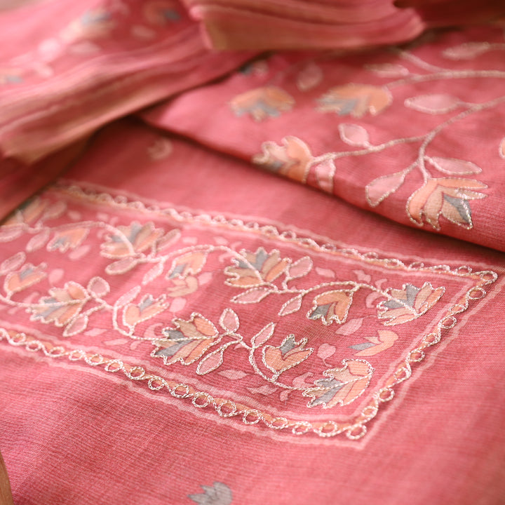 Radhi Coral Rust Chain Style Zari Floral Printed Shimmer Tissue Linen Set