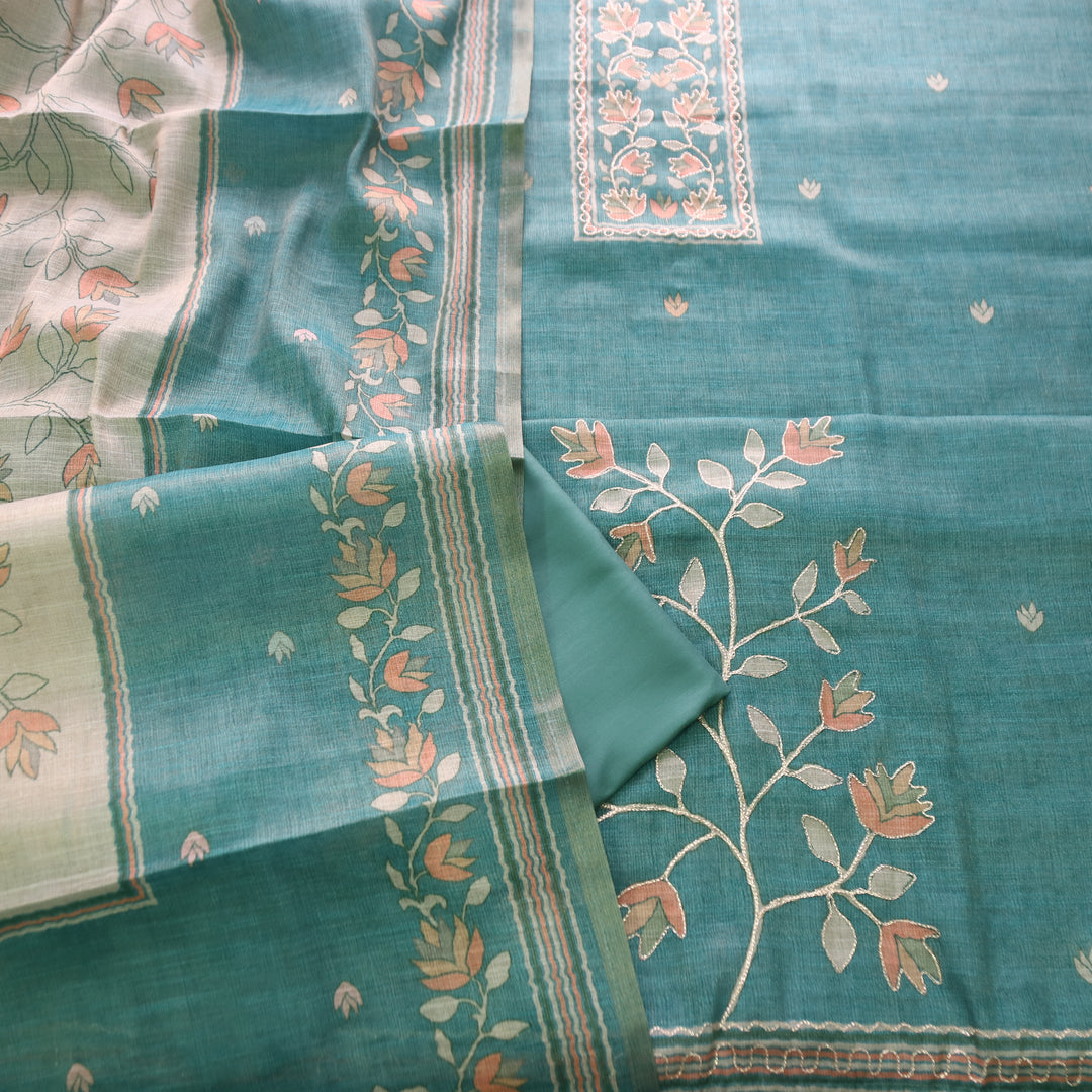 Radhi Ocean Teal Chain Style Zari Floral Printed Shimmer Tissue Linen Set