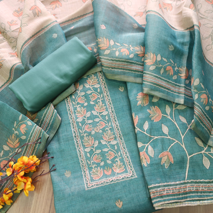 Radhi Ocean Teal Chain Style Zari Floral Printed Shimmer Tissue Linen Set