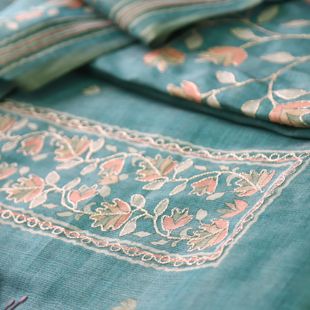 Radhi Ocean Teal Chain Style Zari Floral Printed Shimmer Tissue Linen Set