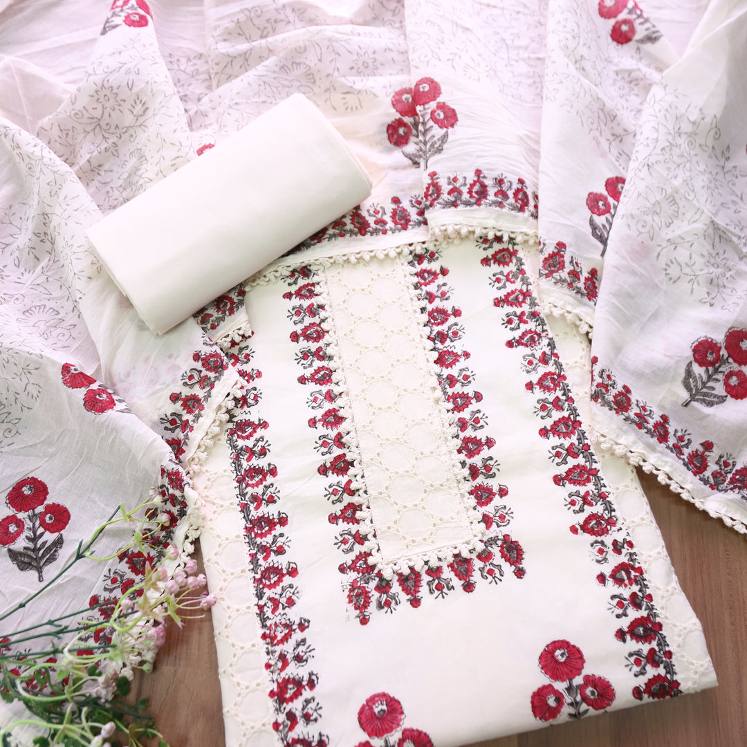 Aashna Off-White Crochet Panel with Block Print Cotton Set