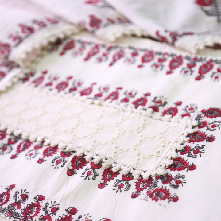 Aashna Off-White Crochet Panel with Block Print Cotton Set