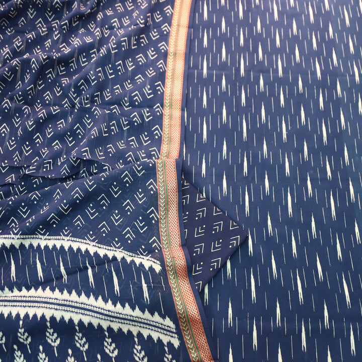 Syami Navy Blue Ikkat Printed Mangalgiri Hem Cotton Set-D1